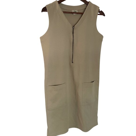 Vintage 90s LL Bean Shift Mini Jumper Dress Small Tan Zip Front Pockets Grunge - Picture 1 of 4